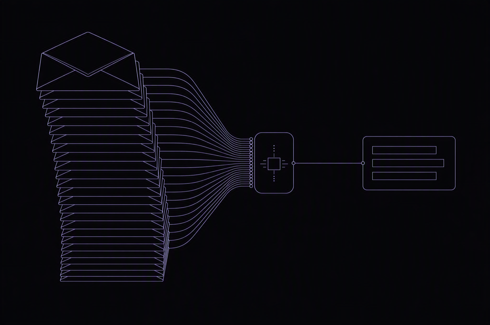 Line drawing of stacked envelopes flowing through a processing block into one summary card