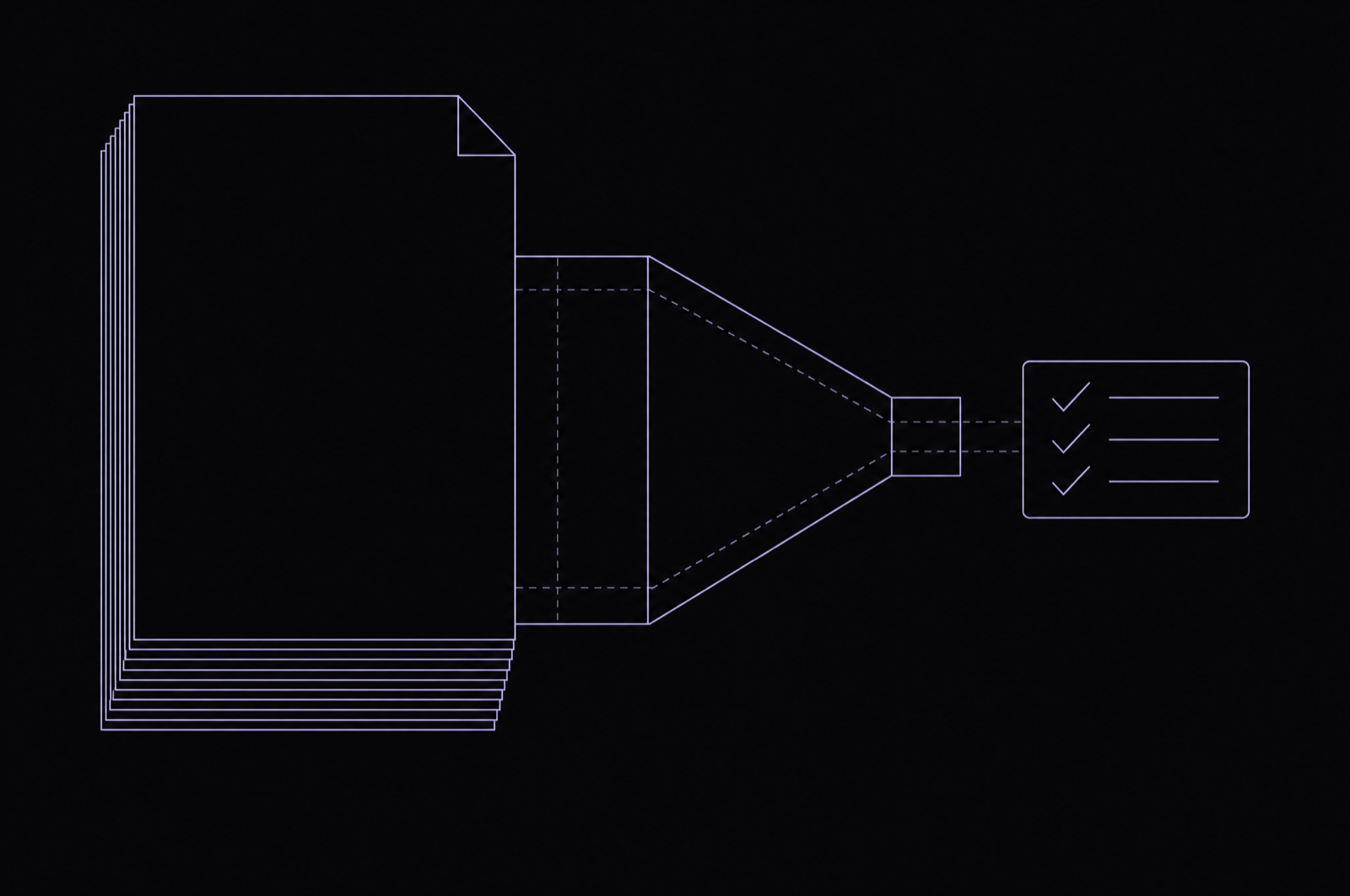 Line drawing of a thick document narrowing through a funnel into one small checked card